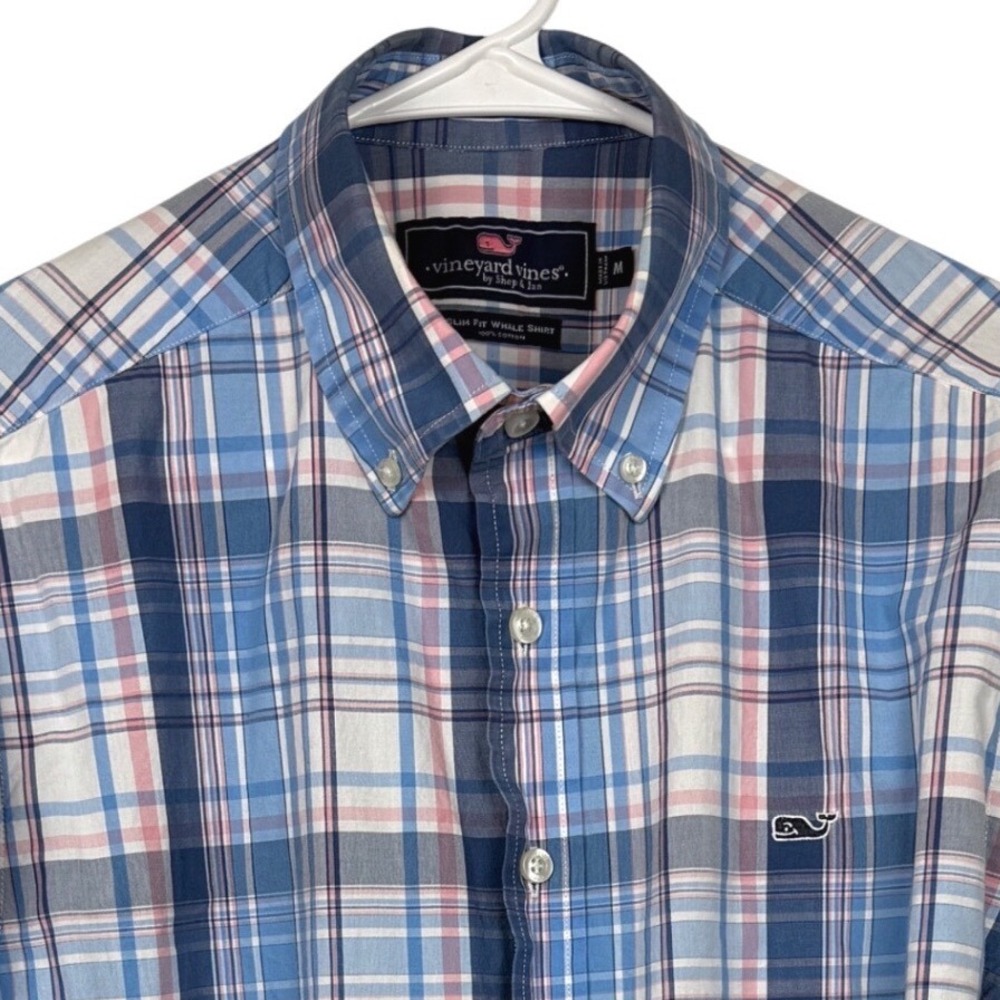 Vineyard Vines Mens Slim Fit Whale Shirt‎ Med Blue Pink Plaid Button Down Cotton